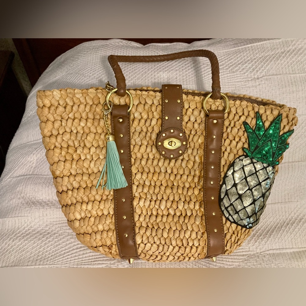 Straw Bag with Brown Leather Detail